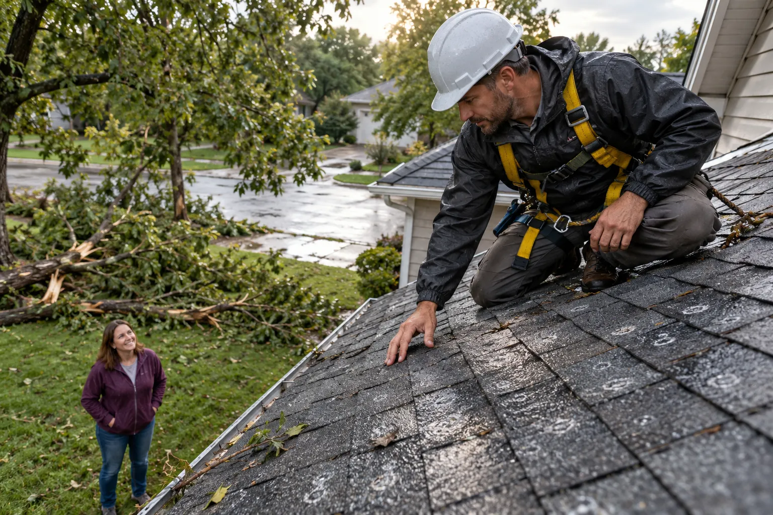 Local roofing provider inspecting hail damage on a home roof in West Leechburg